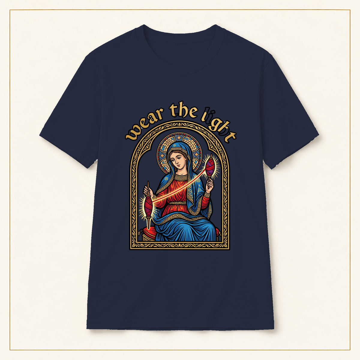 Sacred Madonna T-Shirt — Wear the Light — compact lay-flat, original print scale and placement — Navy