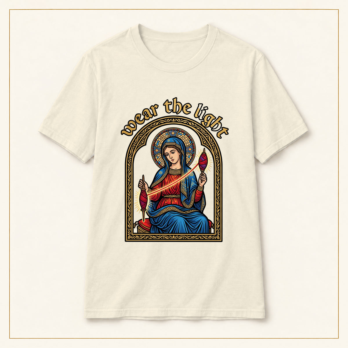 Sacred Madonna T-Shirt — Wear the Light — compact lay-flat, original print scale and placement — Natural
