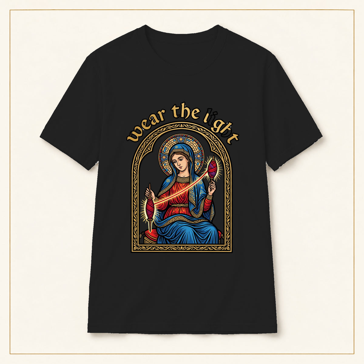 Sacred Madonna T-Shirt — Wear the Light — compact lay-flat, original print scale and placement — Black