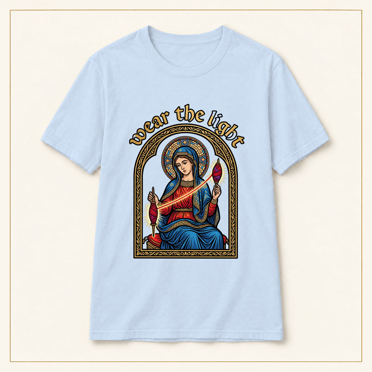 Sacred Madonna T-Shirt — Wear the Light — compact lay-flat, original print scale and placement — Light Blue