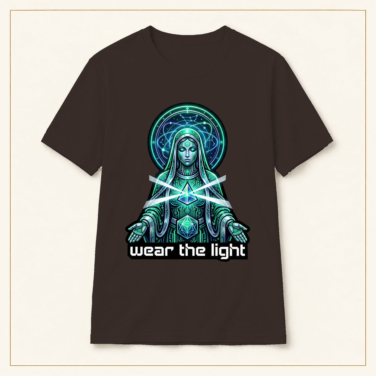 Mystic Goddess T-Shirt — Geometric Heart — compact lay-flat, original print scale and placement — Dark Chocolate