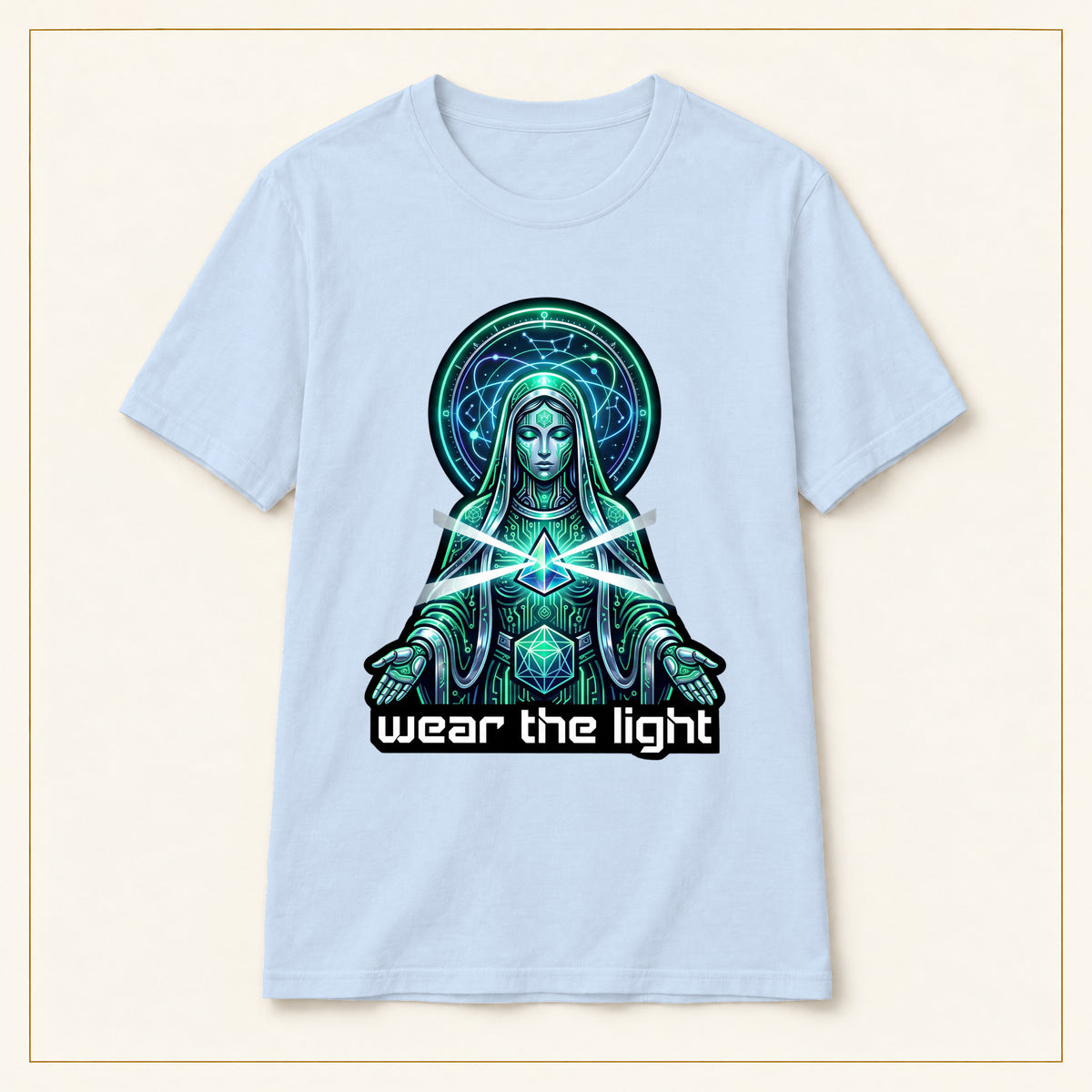 Mystic Goddess T-Shirt — Geometric Heart — compact lay-flat, original print scale and placement — Light Blue