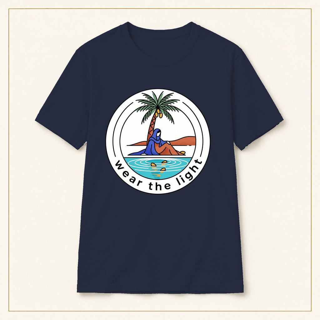 Surf Palm T-Shirt — Wear the Light — compact lay-flat, original print scale and placement — Navy
