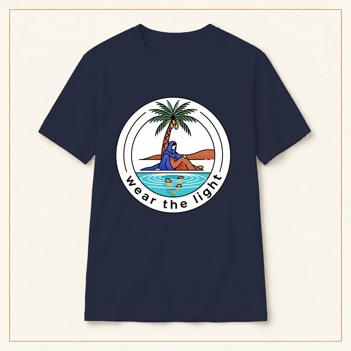 Surf Palm T-Shirt — Wear the Light — compact lay-flat, original print scale and placement — Navy