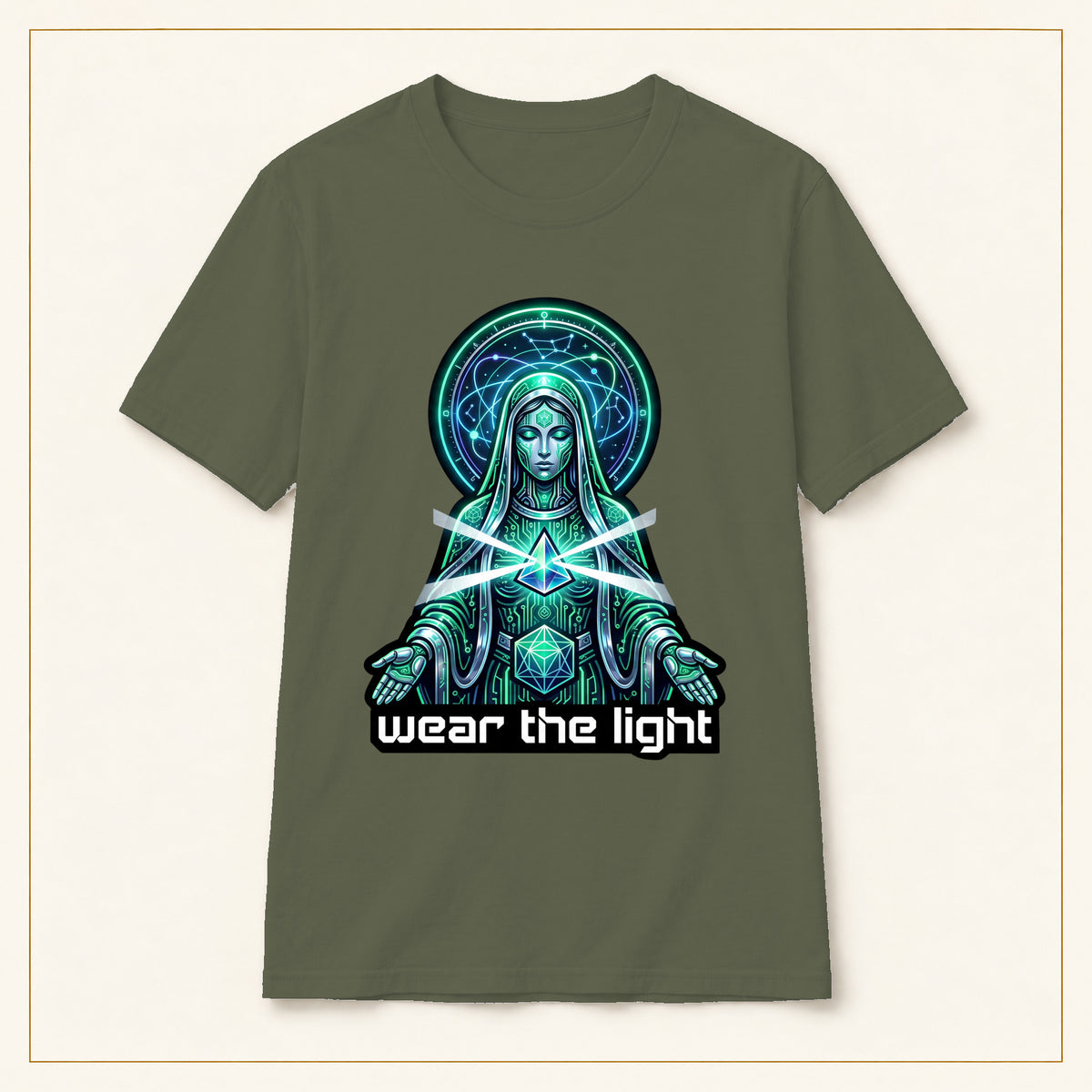 Mystic Goddess T-Shirt — Geometric Heart — compact lay-flat, original print scale and placement — Military Green
