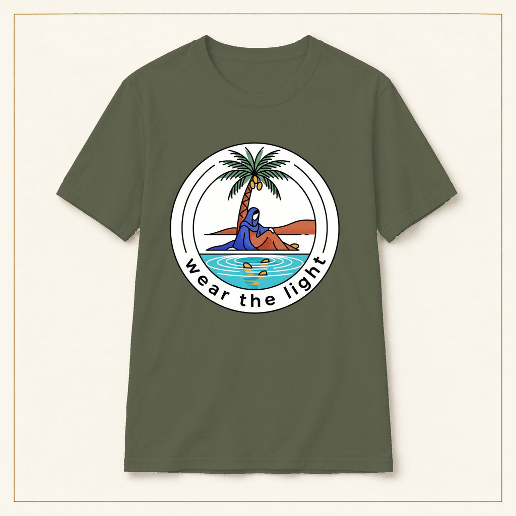 Surf Palm T-Shirt — Wear the Light — compact lay-flat, original print scale and placement — Military Green