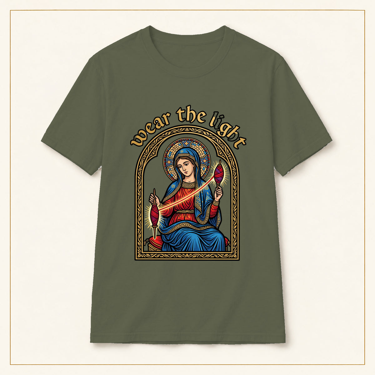 Sacred Madonna T-Shirt — Wear the Light — compact lay-flat, original print scale and placement — Military Green
