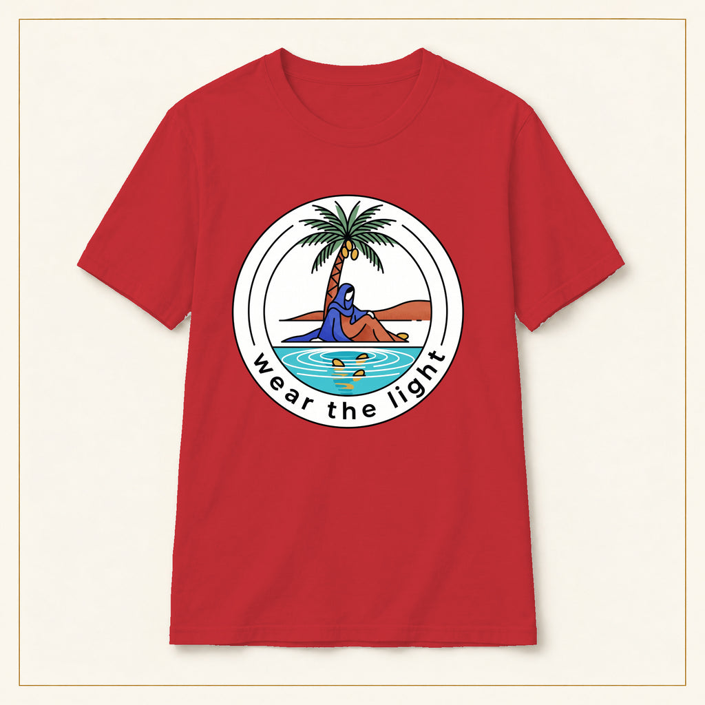 Surf Palm T-Shirt — Wear the Light — compact lay-flat, original print scale and placement — Red