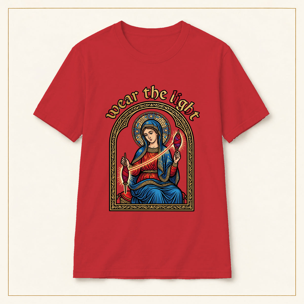Sacred Madonna T-Shirt — Wear the Light — compact lay-flat, original print scale and placement — Red