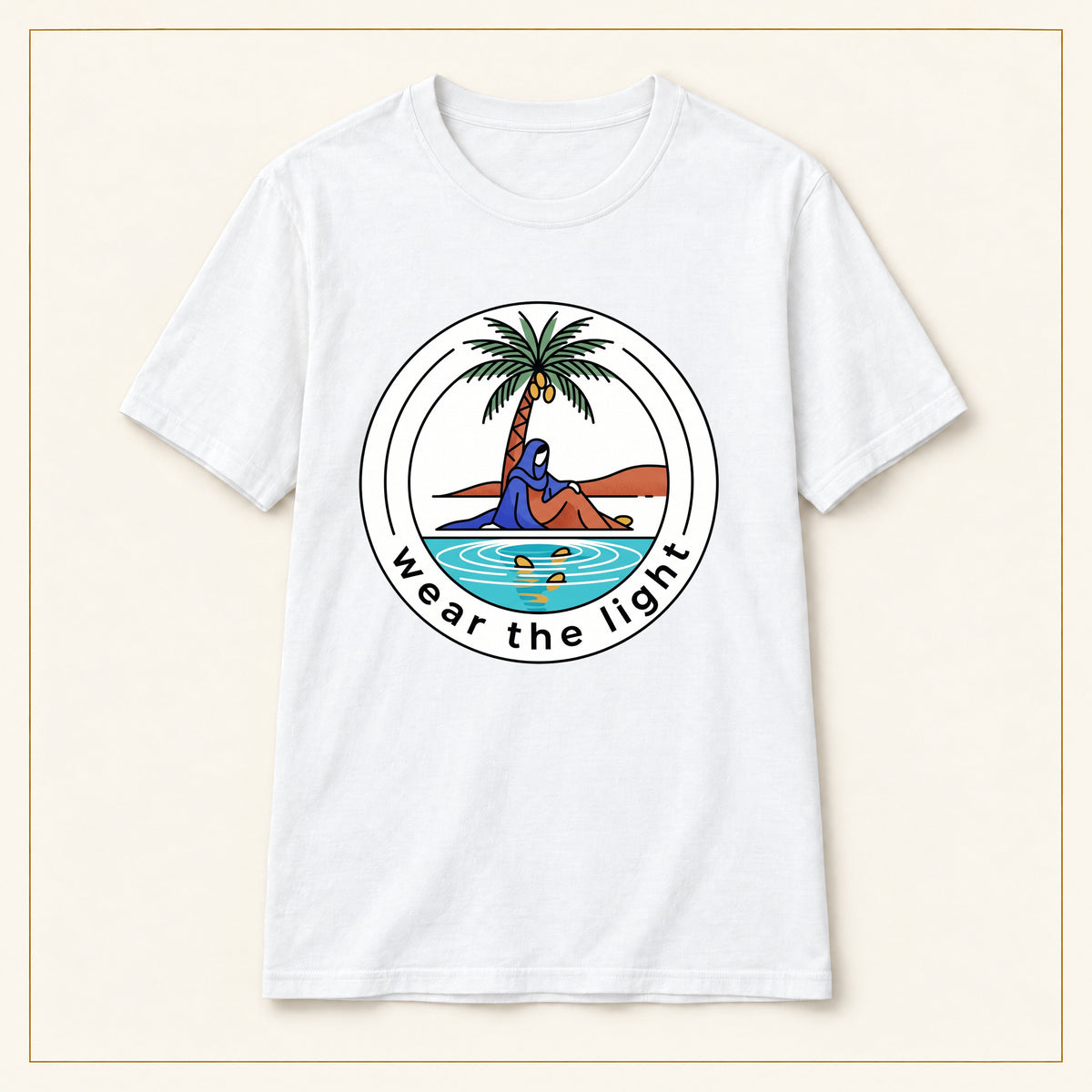 Surf Palm T-Shirt — Wear the Light — compact lay-flat, original print scale and placement — White