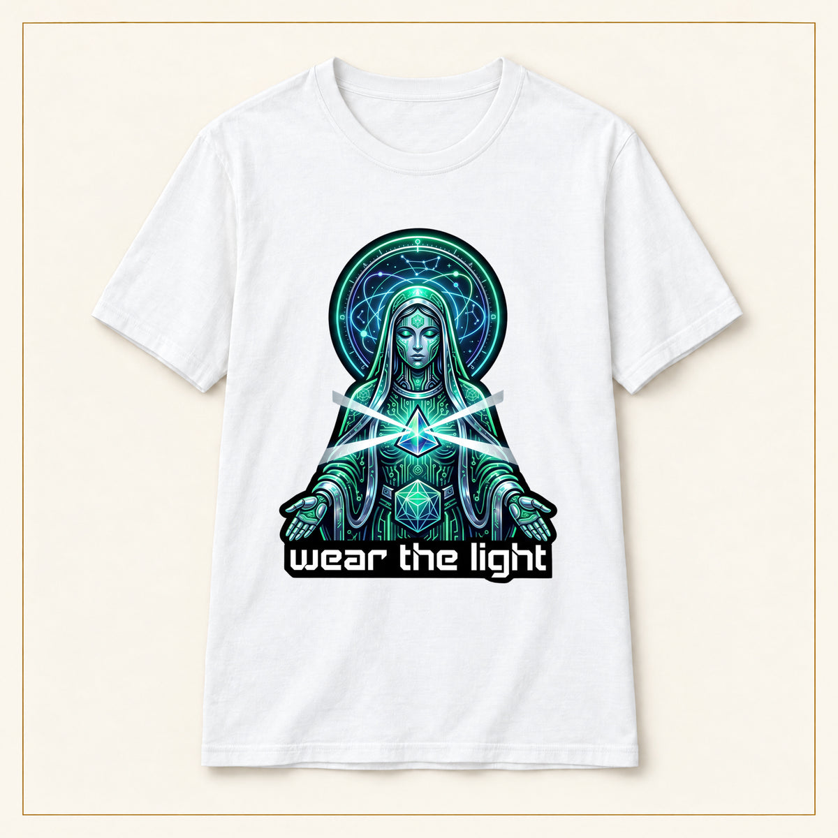 Mystic Goddess T-Shirt — Geometric Heart — compact lay-flat, original print scale and placement — White