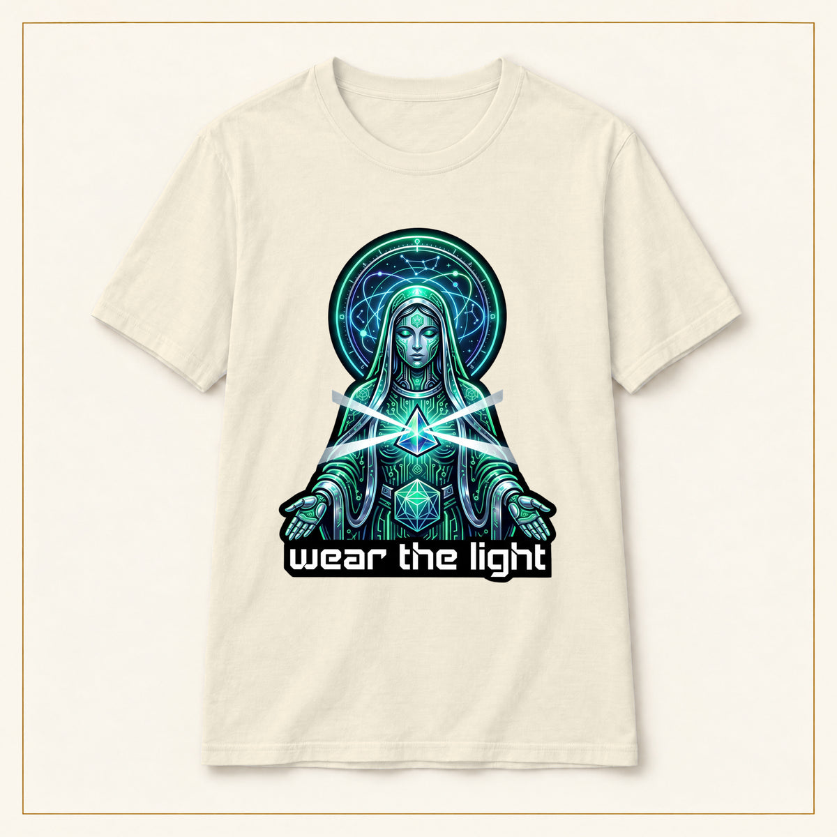 Mystic Goddess T-Shirt — Geometric Heart — compact lay-flat, original print scale and placement — Natural