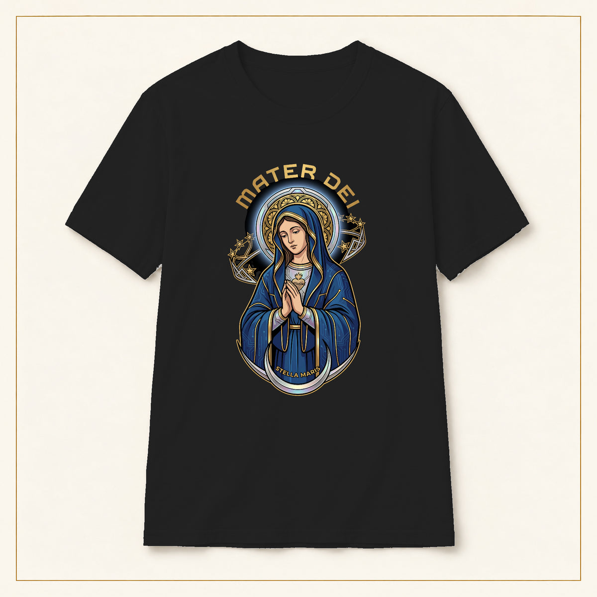 Mater Dei T-Shirt — Vintage Virgin Mary — compact lay-flat, original print scale and placement — Black