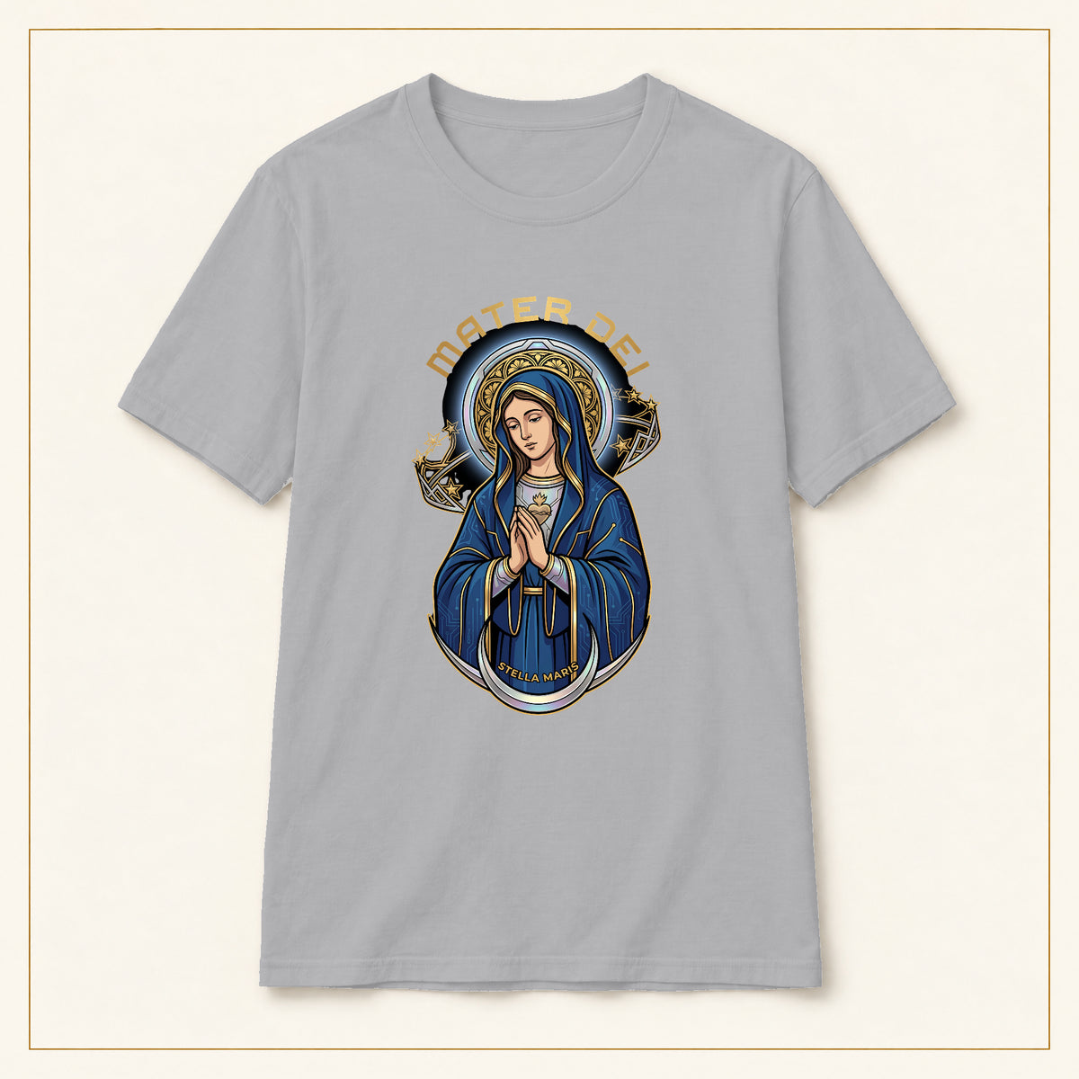 Mater Dei T-Shirt — Vintage Virgin Mary — compact lay-flat, original print scale and placement — Sport Grey