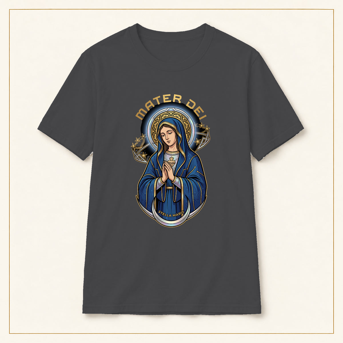 Mater Dei T-Shirt — Vintage Virgin Mary — compact lay-flat, original print scale and placement — Dark Heather