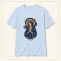 Mater Dei T-Shirt — Vintage Virgin Mary — compact lay-flat, original print scale and placement — Light Blue