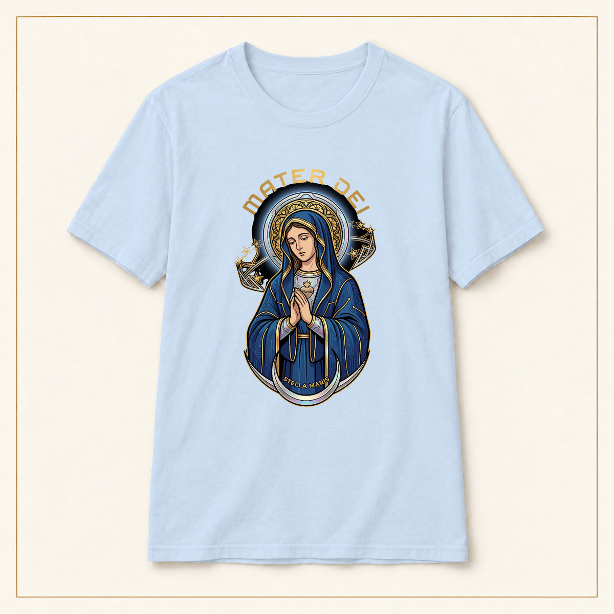 Mater Dei T-Shirt — Vintage Virgin Mary — compact lay-flat, original print scale and placement — Light Blue