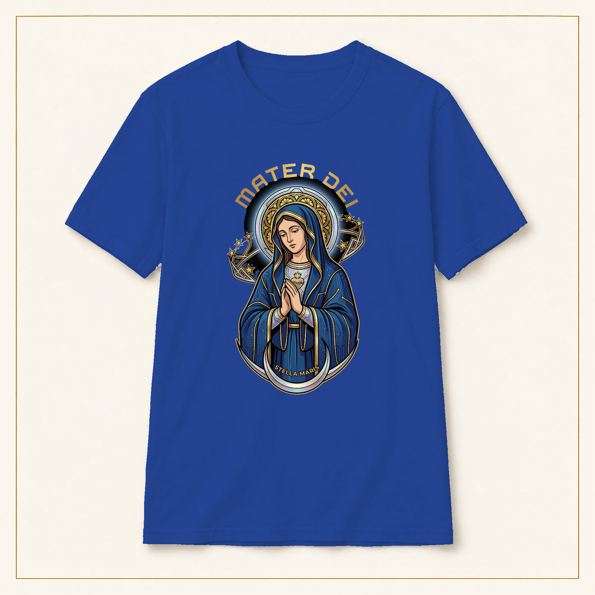 Mater Dei T-Shirt — Vintage Virgin Mary — compact lay-flat, original print scale and placement — Royal