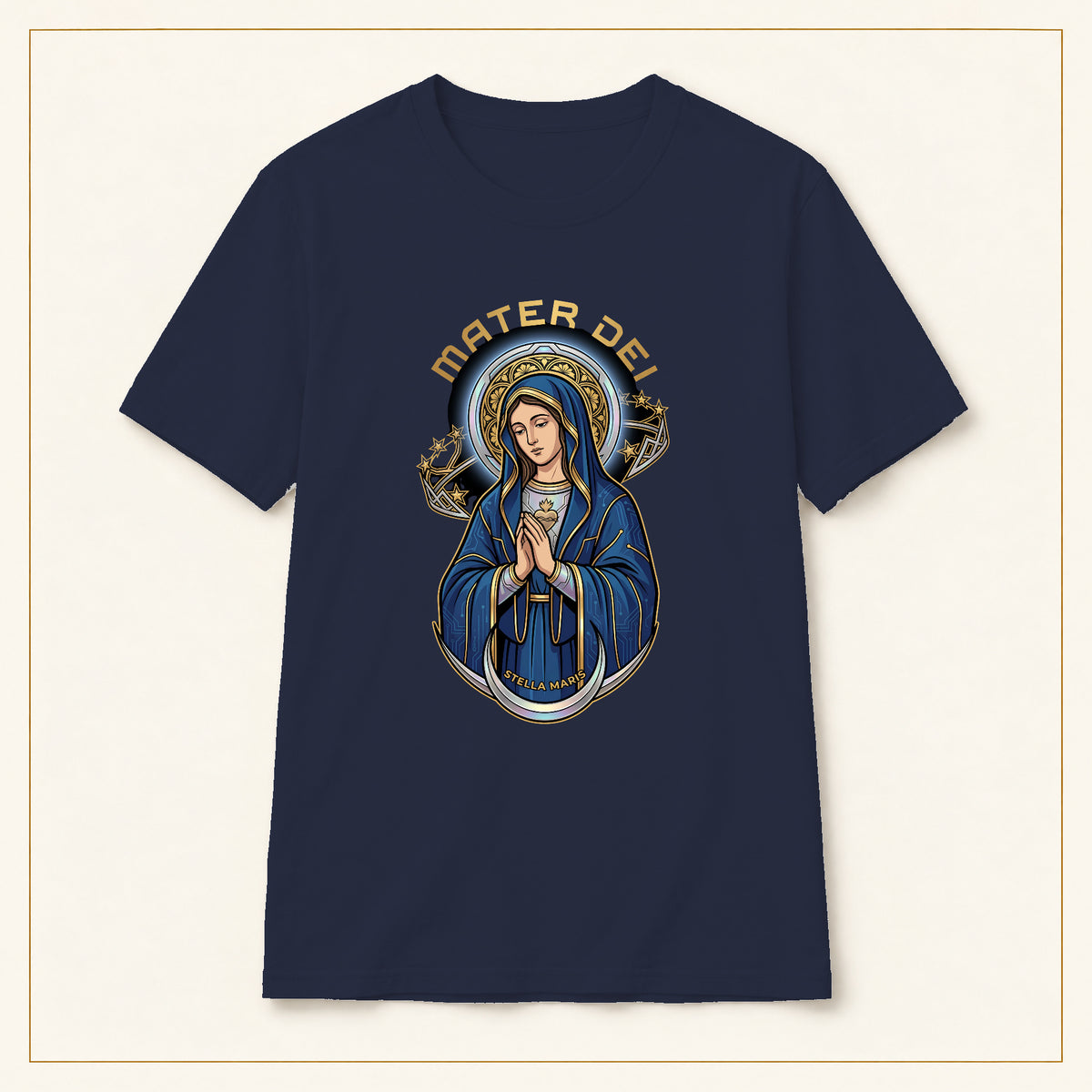 Mater Dei T-Shirt — Vintage Virgin Mary — compact lay-flat, original print scale and placement — Navy
