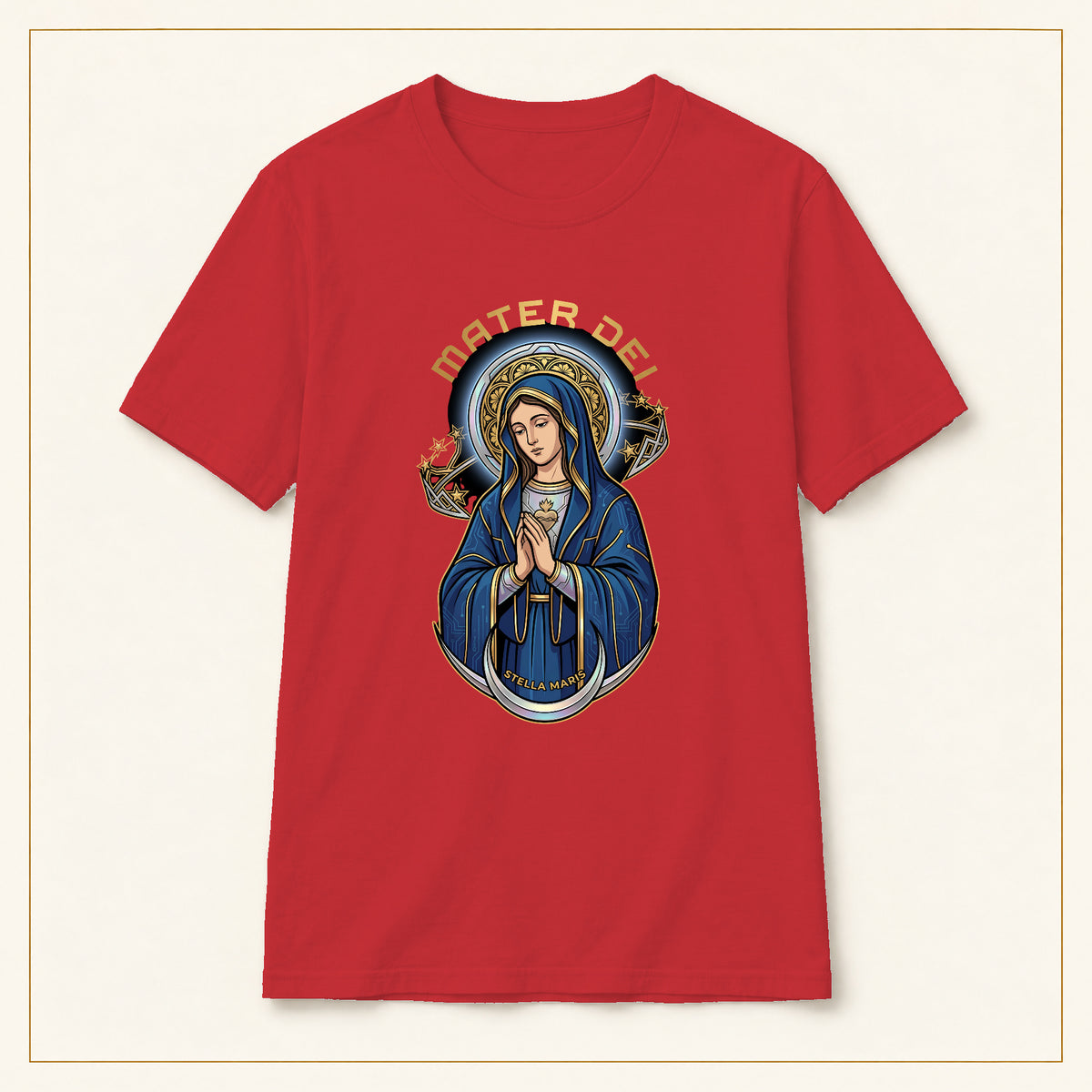 Mater Dei T-Shirt — Vintage Virgin Mary — compact lay-flat, original print scale and placement — Red