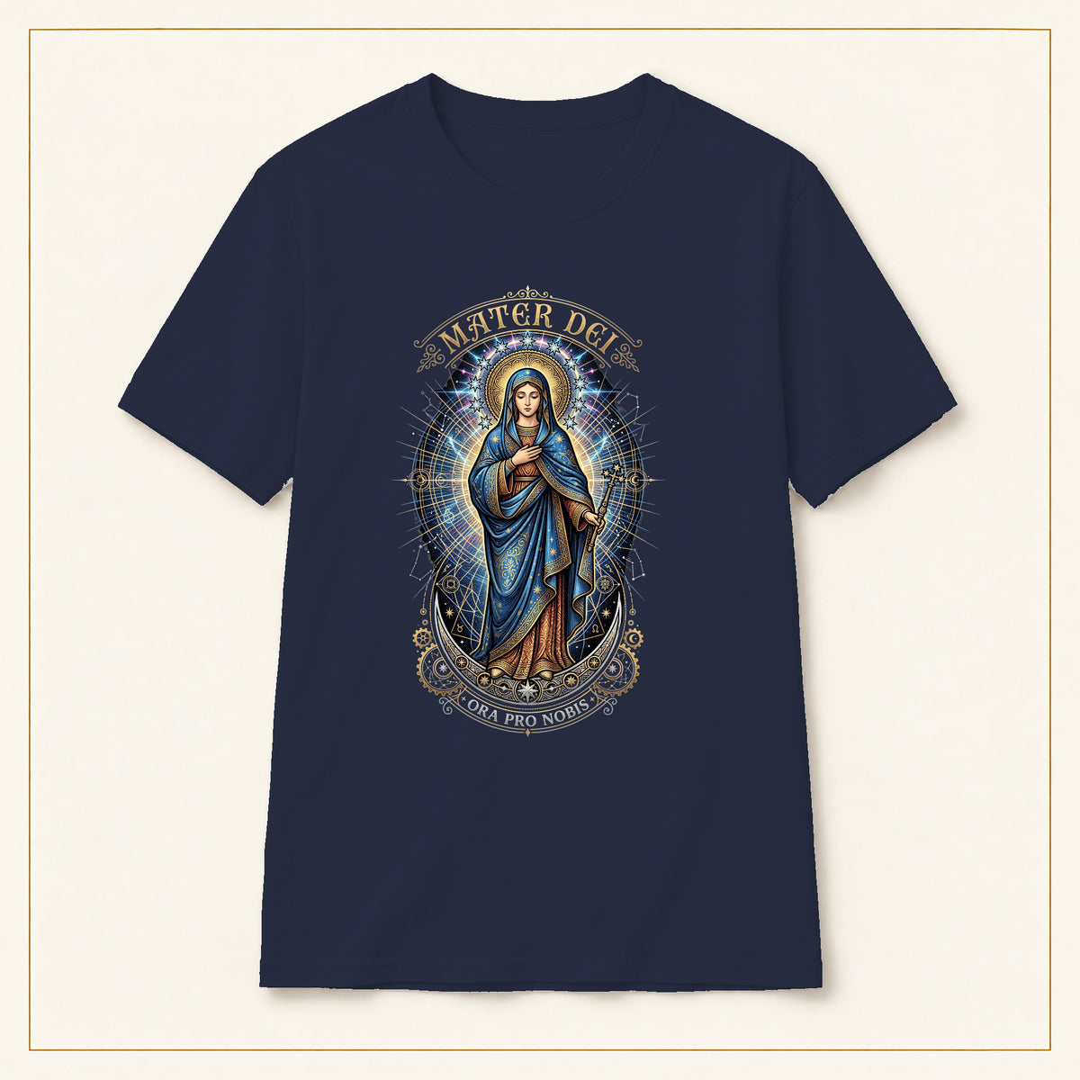 Mater Dei T-Shirt — Virgin Mary Devotional — compact lay-flat, original print scale and placement — Navy