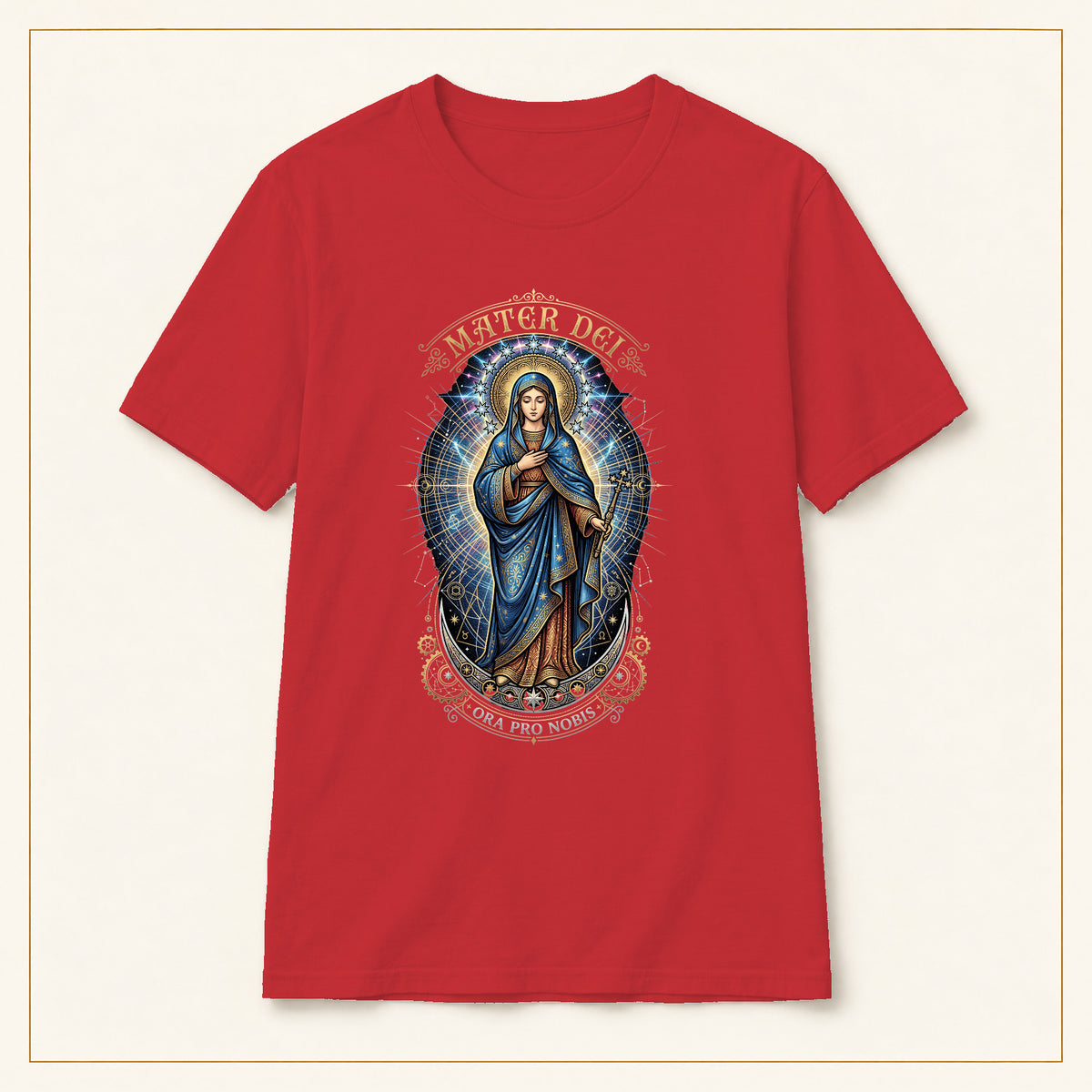 Mater Dei T-Shirt — Virgin Mary Devotional — compact lay-flat, original print scale and placement — Red