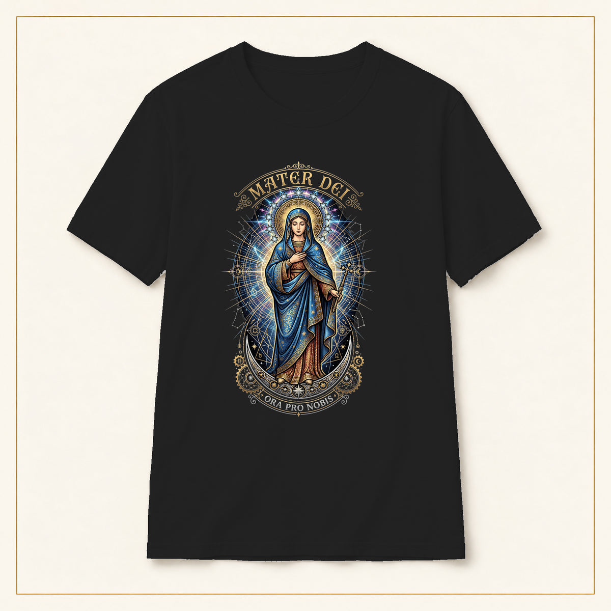 Mater Dei T-Shirt — Virgin Mary Devotional — compact lay-flat, original print scale and placement — Black