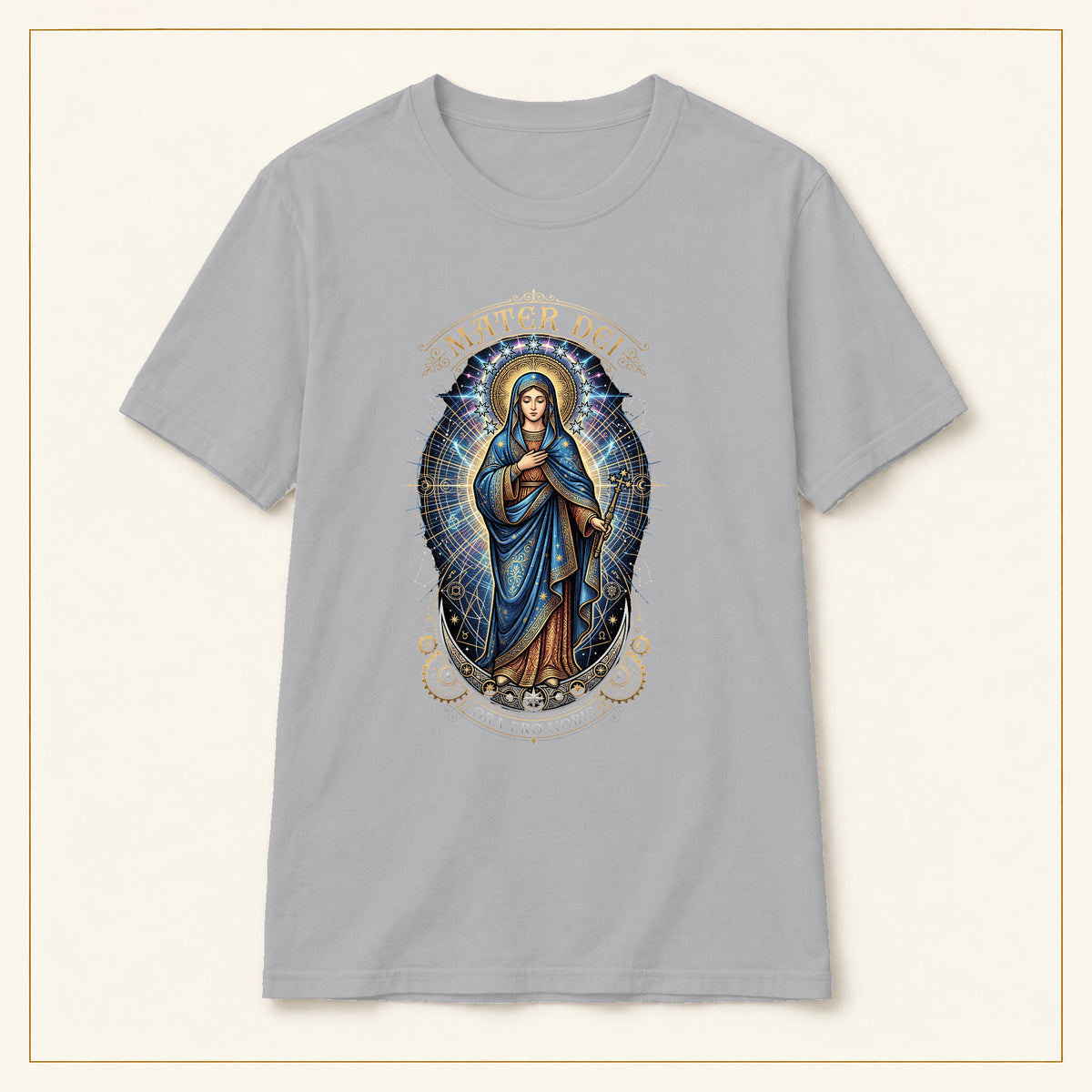 Mater Dei T-Shirt — Virgin Mary Devotional — compact lay-flat, original print scale and placement — Sport Grey