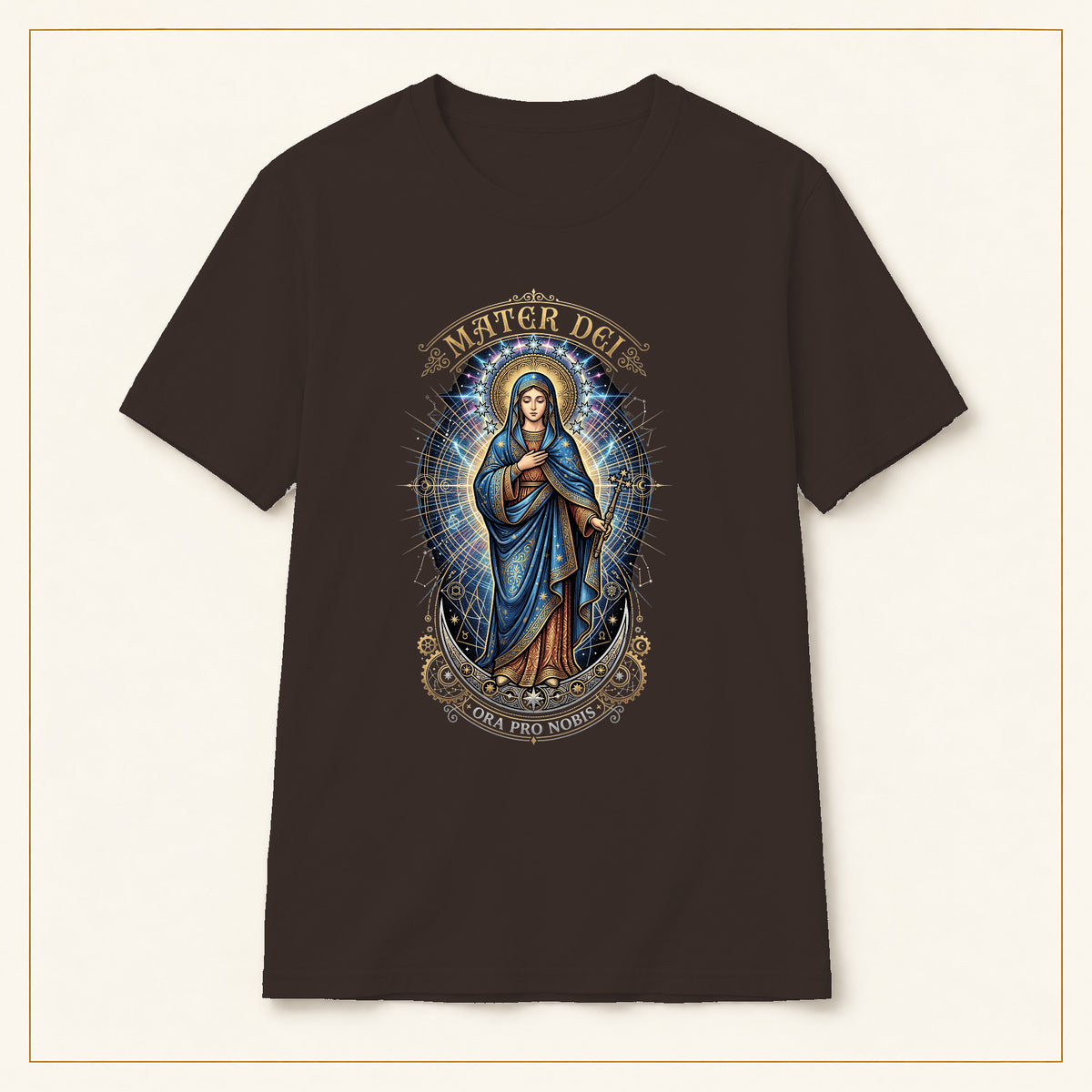 Mater Dei T-Shirt — Virgin Mary Devotional — compact lay-flat, original print scale and placement — Dark Chocolate