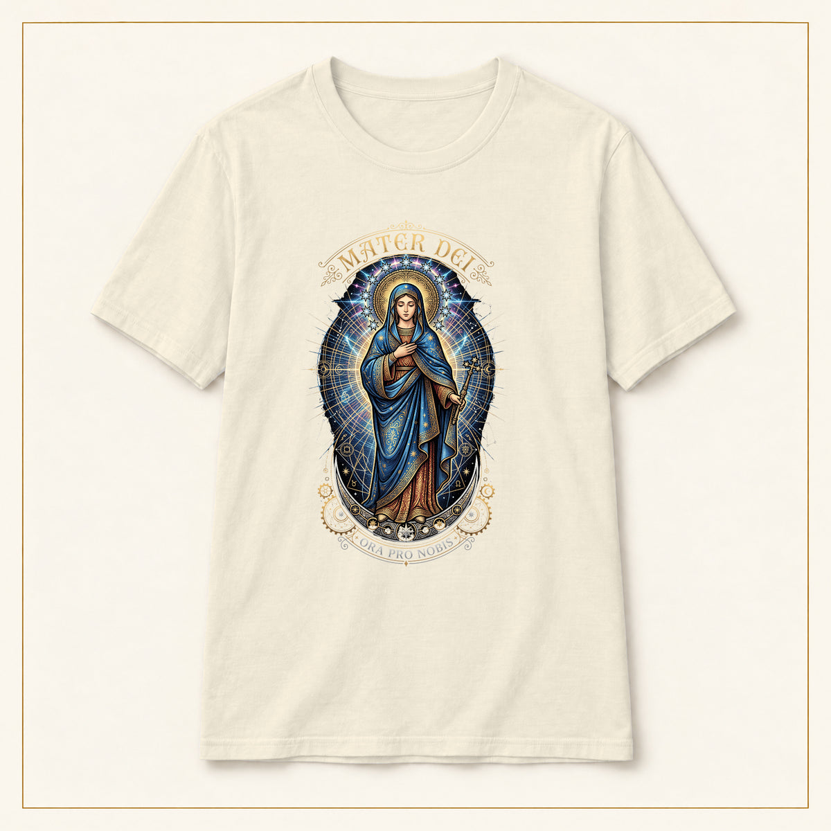 Mater Dei T-Shirt — Virgin Mary Devotional — compact lay-flat, original print scale and placement — Natural