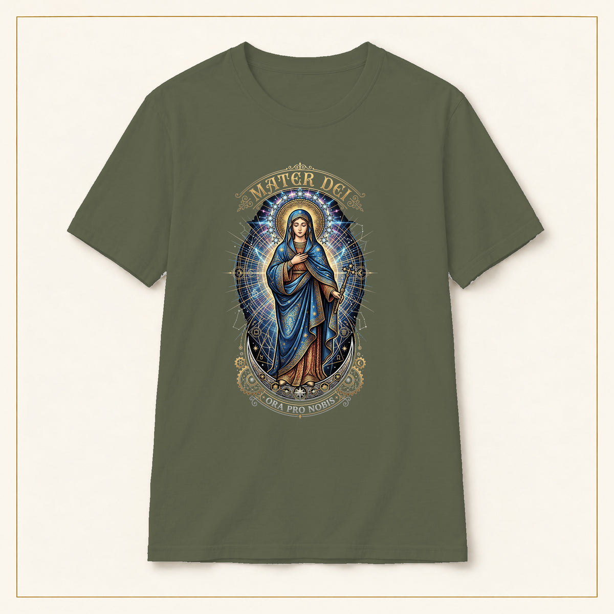 Mater Dei T-Shirt — Virgin Mary Devotional — compact lay-flat, original print scale and placement — Military Green