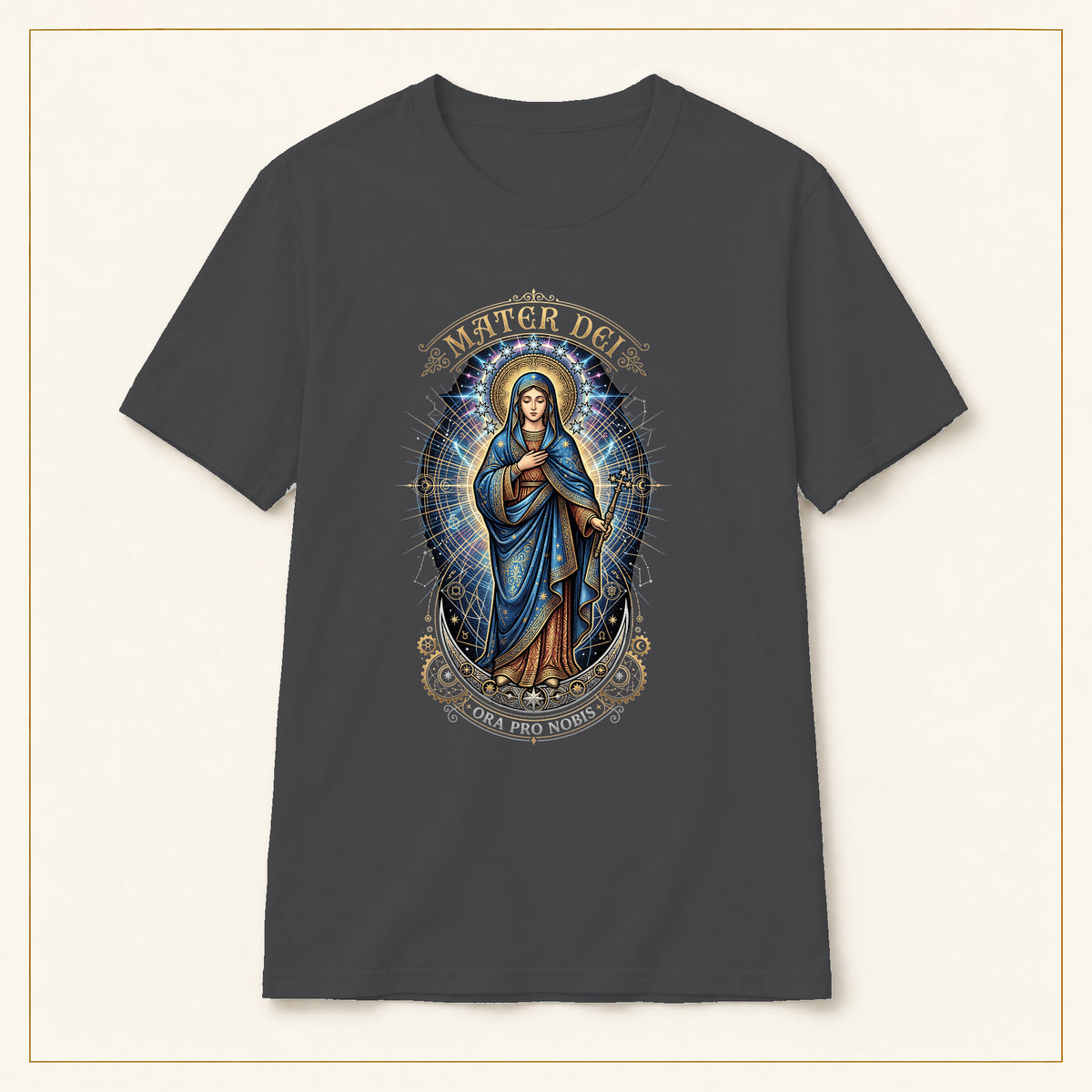 Mater Dei T-Shirt — Virgin Mary Devotional — compact lay-flat, original print scale and placement — Dark Heather