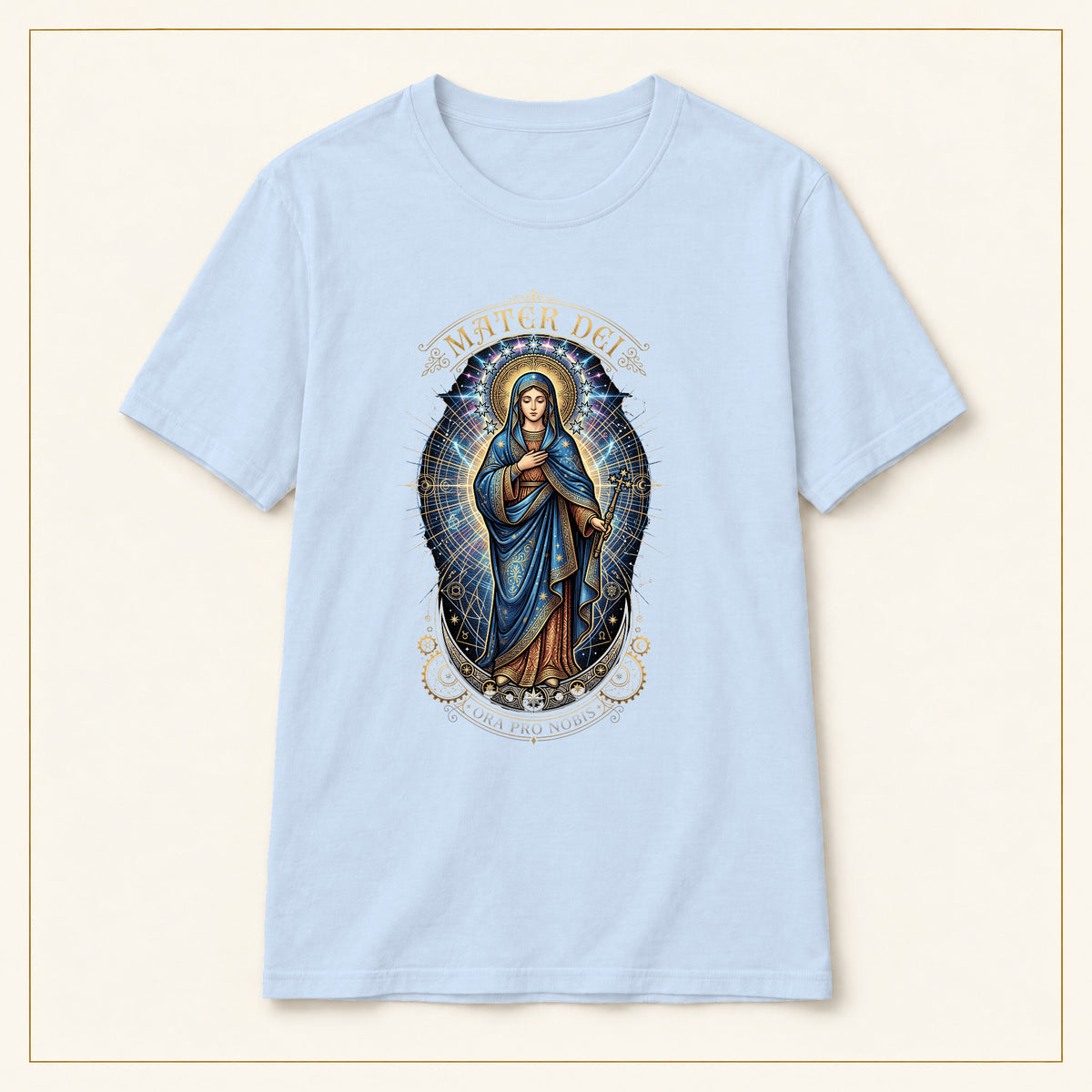 Mater Dei T-Shirt — Virgin Mary Devotional — compact lay-flat, original print scale and placement — Light Blue