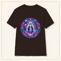 Mystic Madonna T-Shirt — Cosmic Stained Glass — compact lay-flat, production print scale and placement — Dark Chocolate