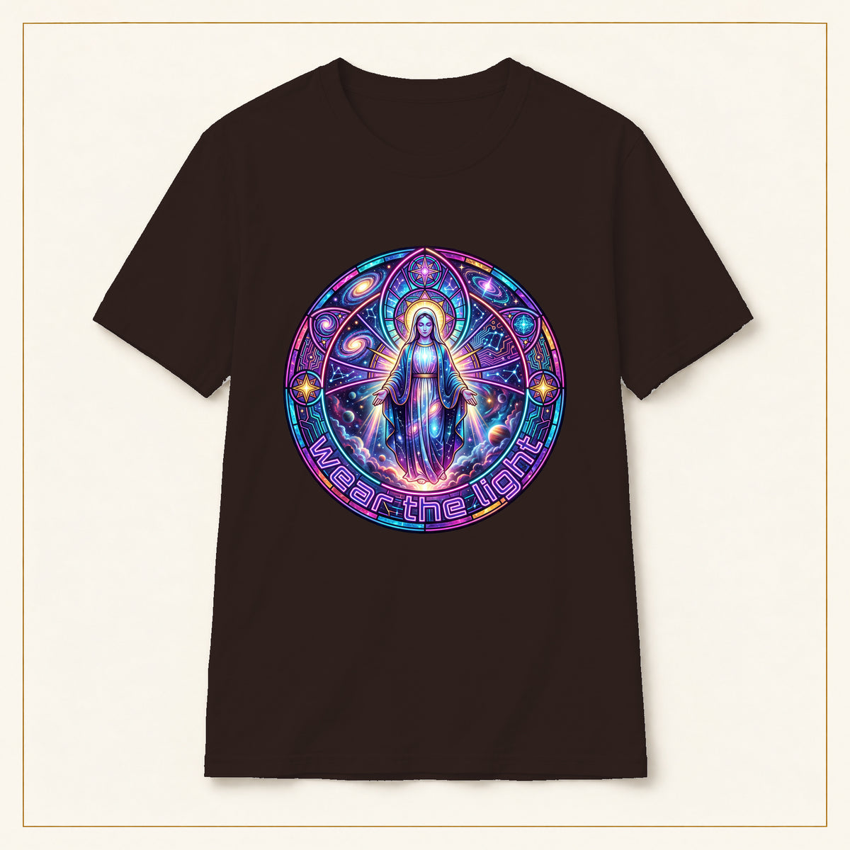 Mystic Madonna T-Shirt — Cosmic Stained Glass — compact lay-flat, production print scale and placement — Dark Chocolate