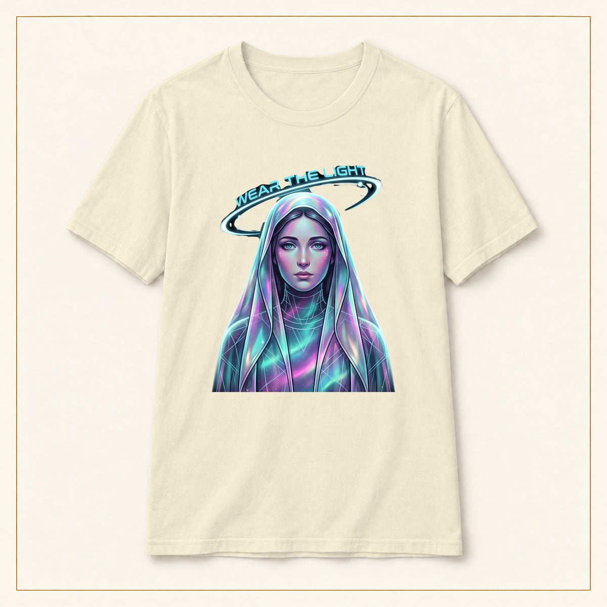 Neon Halo Portrait T-Shirt — Wear the Light — compact lay-flat, production print scale and placement — Natural