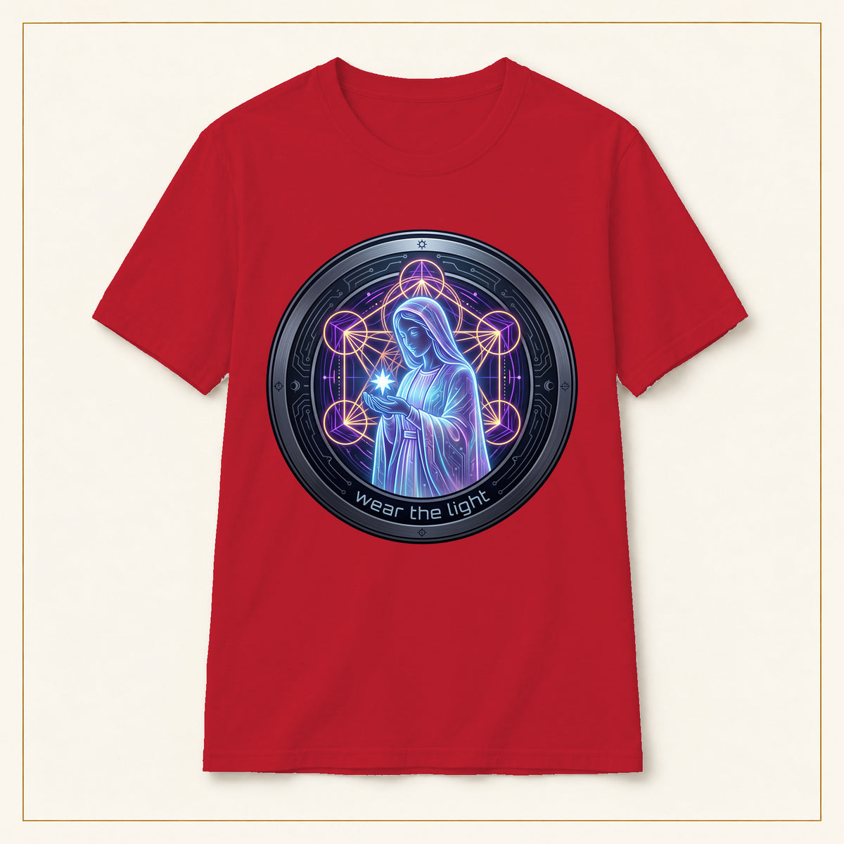 Virgin Mary T-Shirt — Neon Sacred Geometry — compact lay-flat, production print scale and placement — Red