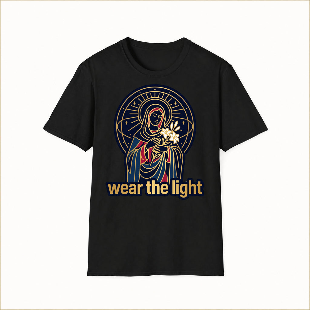 Radiant Madonna T-Shirt — Wear the Light — compact lay-flat, production print scale and placement — Black