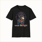 Radiant Madonna T-Shirt — Wear the Light — compact lay-flat, production print scale and placement — Black