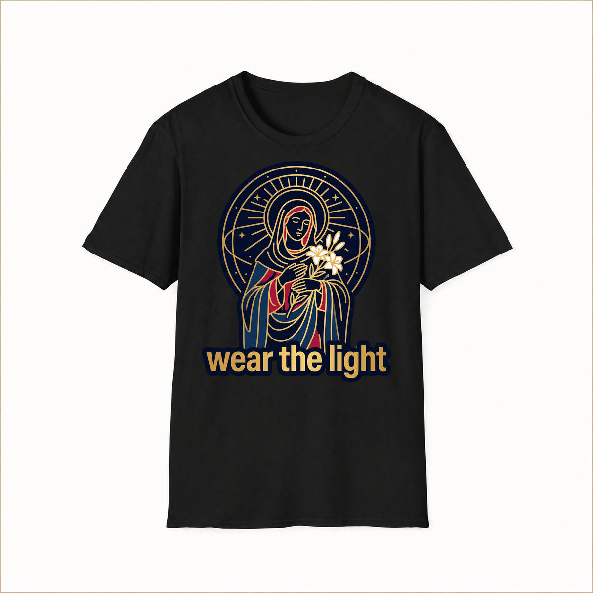 Radiant Madonna T-Shirt — Wear the Light — compact lay-flat, production print scale and placement — Black