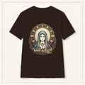 Virgin Mary Mandala T-Shirt — Sacred Geometry — compact lay-flat, production print scale and placement — Dark Chocolate