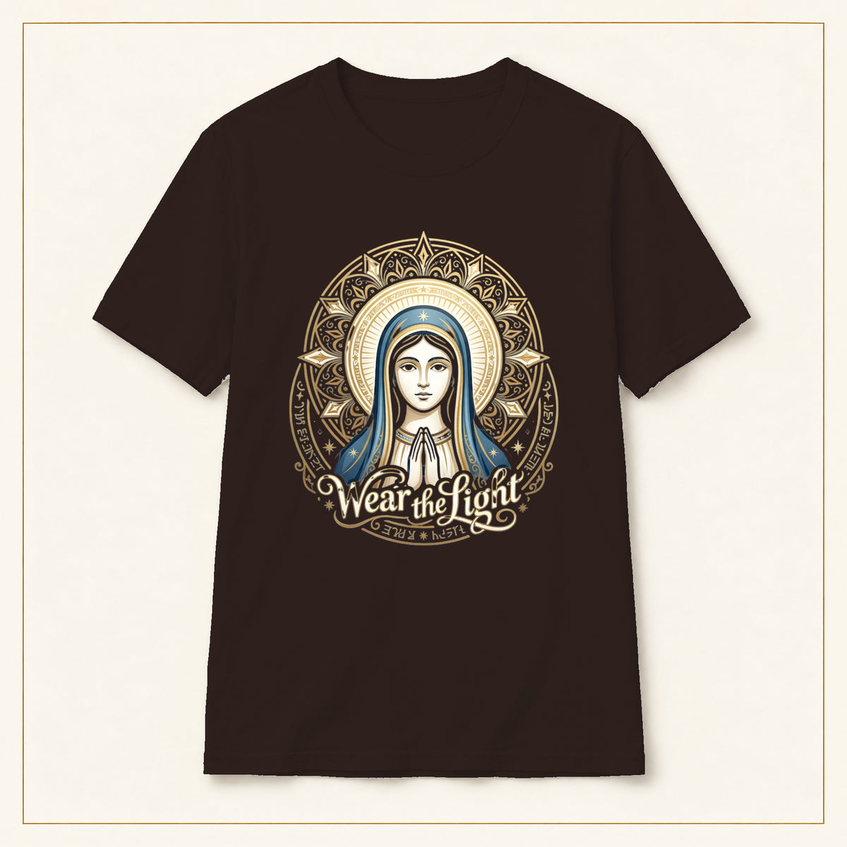 Virgin Mary Mandala T-Shirt — Sacred Geometry — compact lay-flat, production print scale and placement — Dark Chocolate
