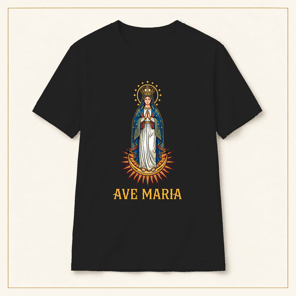 Our Lady of Guadalupe T-Shirt — Devotional Portrait — compact lay-flat, original print scale and placement — Black
