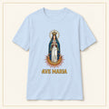 Our Lady of Guadalupe T-Shirt — Devotional Portrait — compact lay-flat, original print scale and placement — Light Blue