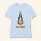 Our Lady of Guadalupe T-Shirt — Devotional Portrait — compact lay-flat, original print scale and placement — Light Blue