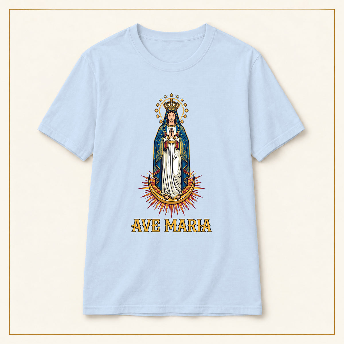 Our Lady of Guadalupe T-Shirt — Devotional Portrait — compact lay-flat, original print scale and placement — Light Blue