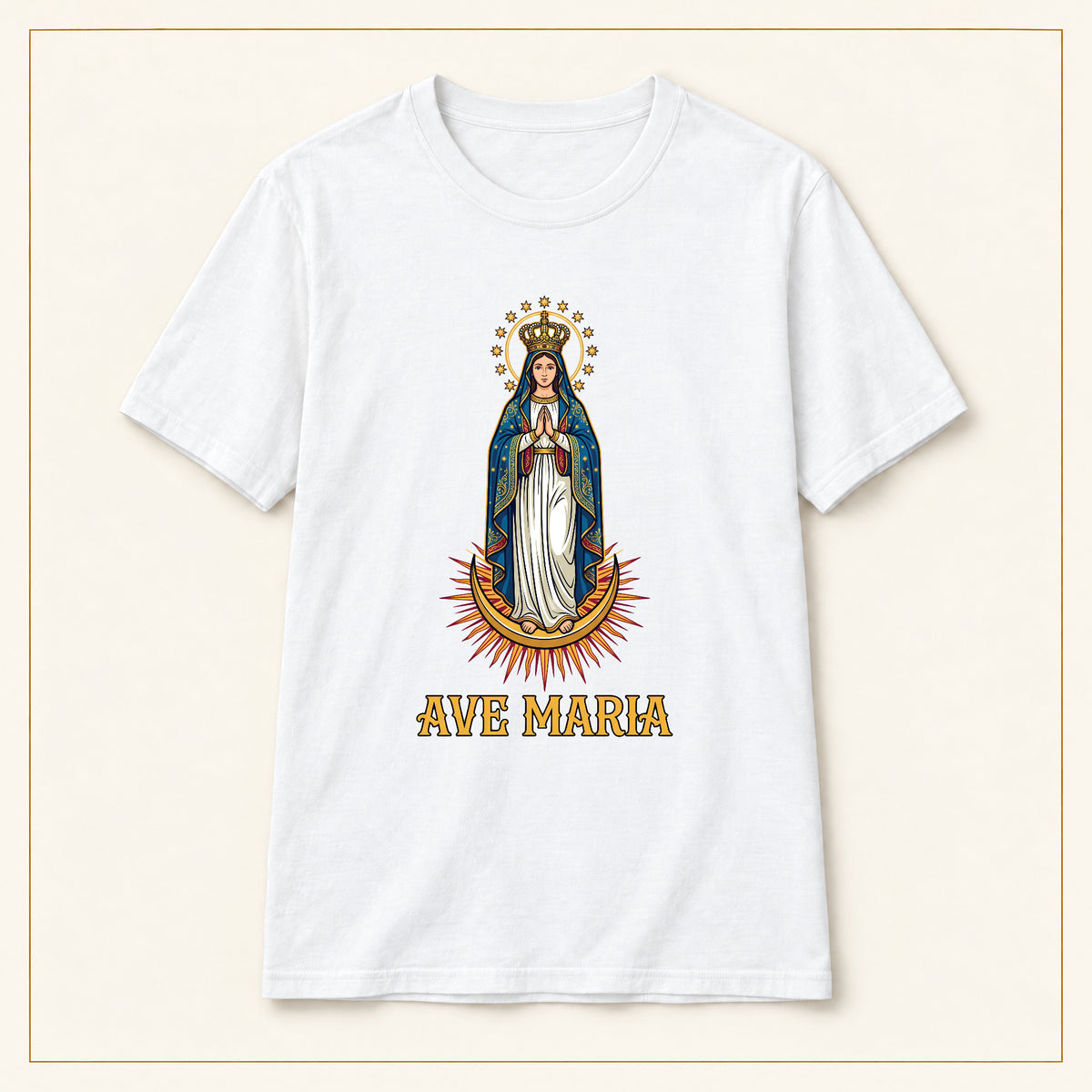 Our Lady of Guadalupe T-Shirt — Devotional Portrait — compact lay-flat, original print scale and placement — White
