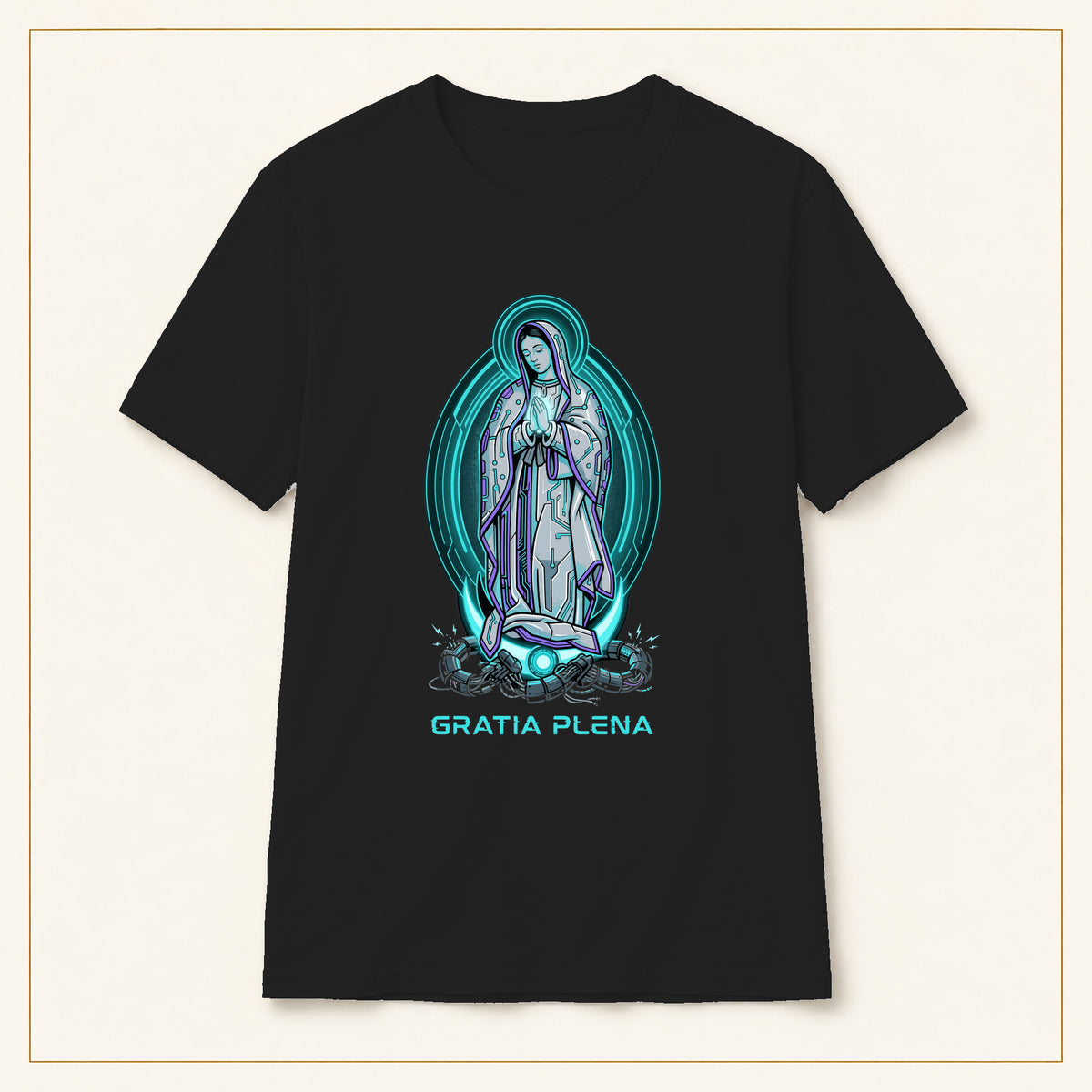 Our Lady of Guadalupe T-Shirt — Gratia Plena — compact lay-flat, original print scale and placement — Black