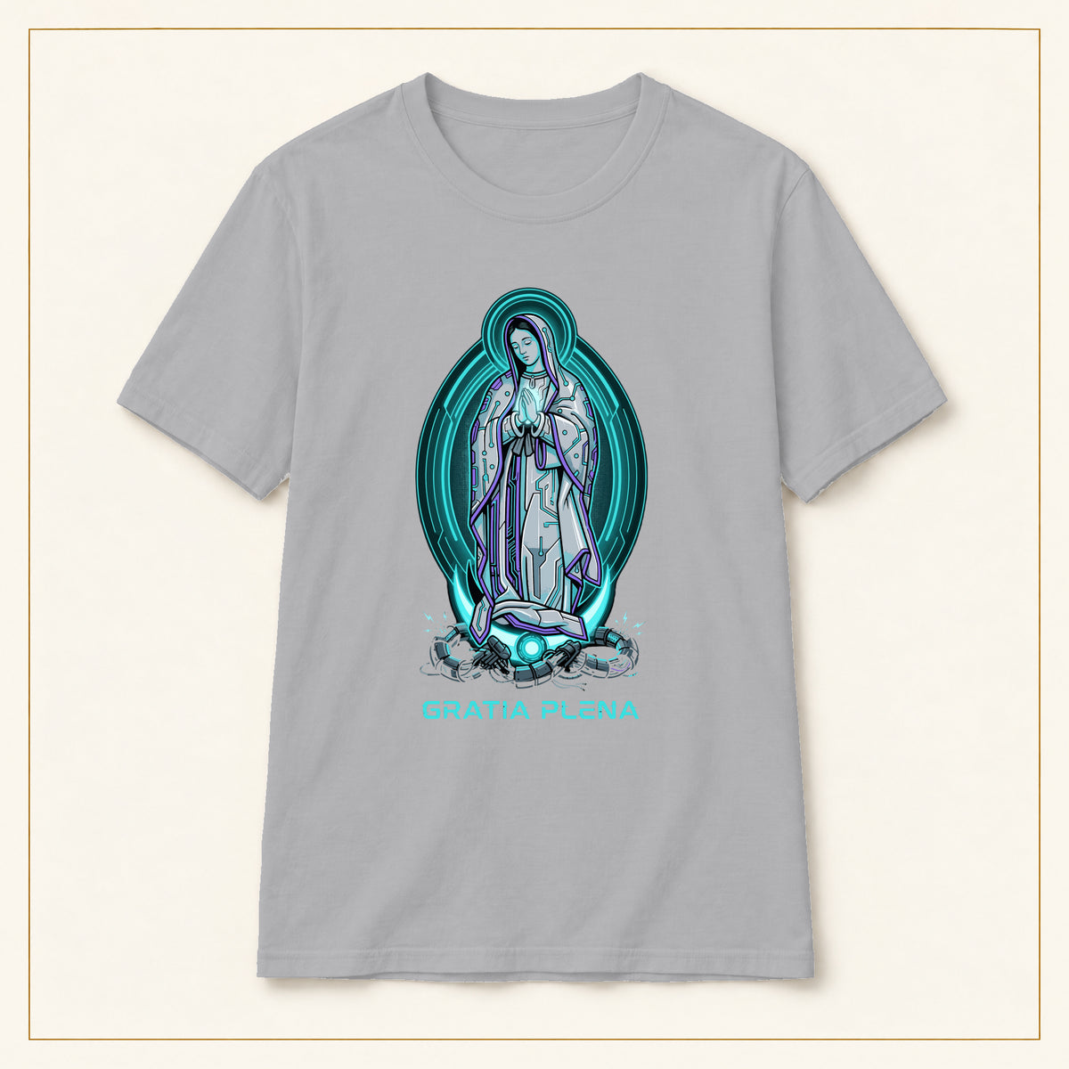 Our Lady of Guadalupe T-Shirt — Gratia Plena — compact lay-flat, original print scale and placement — Sport Grey
