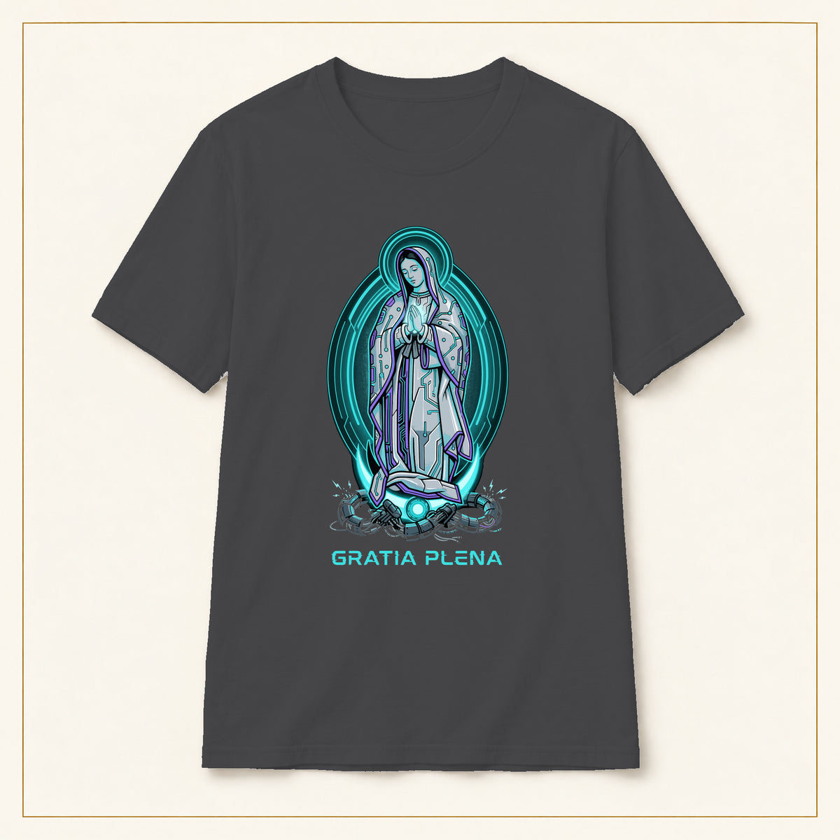 Our Lady of Guadalupe T-Shirt — Gratia Plena — compact lay-flat, original print scale and placement — Dark Heather